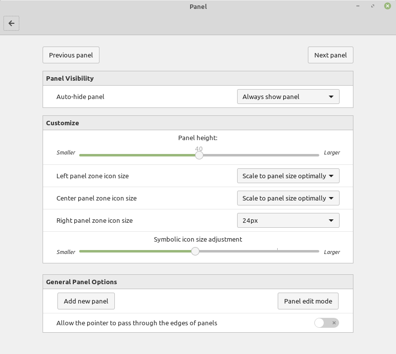 Linux Mint 19.1 Panel Settings