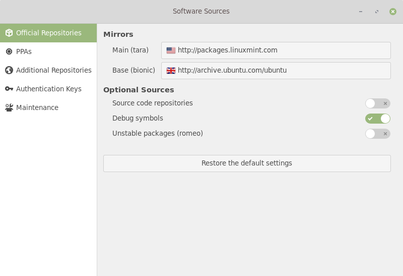 Linux Mint 19.1 Software Sources