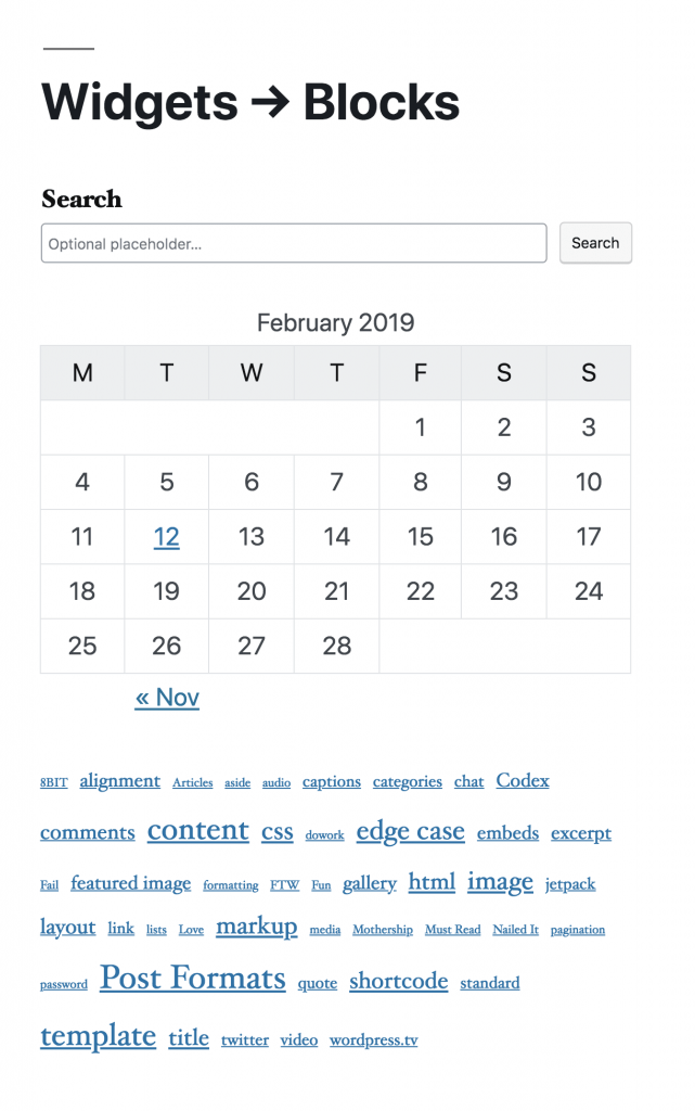 WordPress 5.1 Block Kalender Suche Cloud-Tag