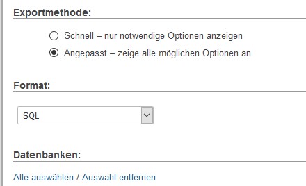 XAMPP unter Windows 10 aktualisieren 7 phpMyAdmin Export angepasst