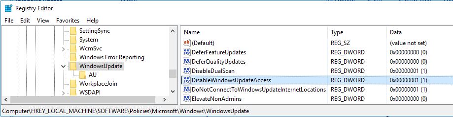 Windows Registry DisableWindowsUpdateAccess