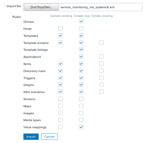 Zabbix monitoring systemctl Services 7 Zabbix Import Options
