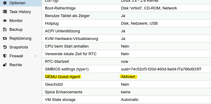 ProxmoxVE VM Option Guest Agent