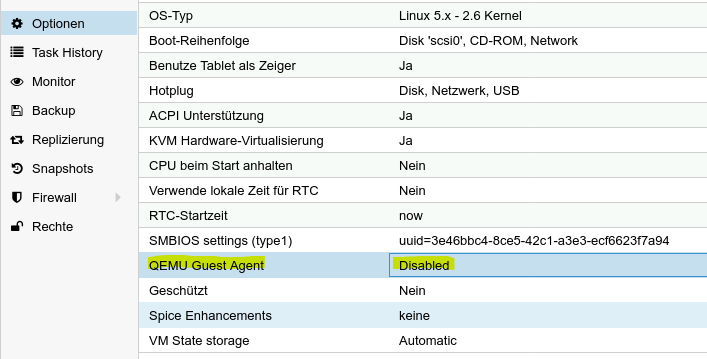 ProxmoxVE VM Option Guest Agent