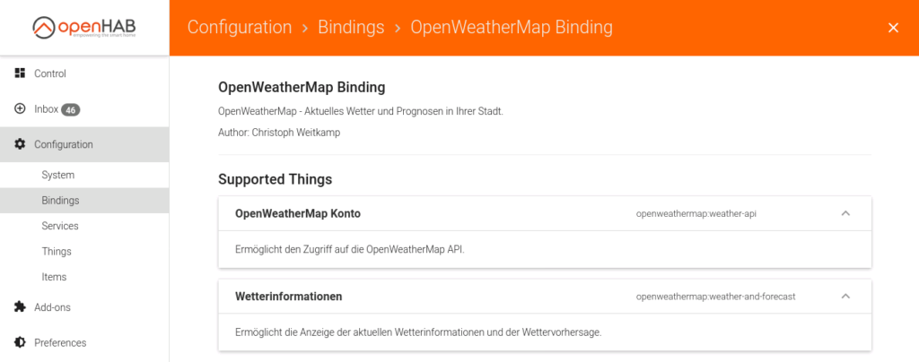 openHAB Binding OpenWeatherMap Konfig