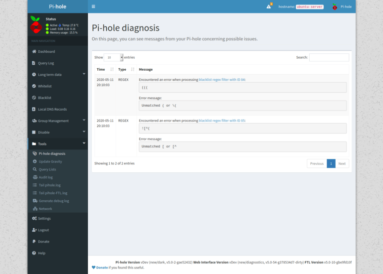 Pi-Hole 5.1 Diagnostics