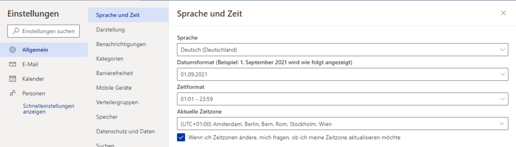 Outlook App OWA - Allgmein - Sprache und Zeitzone