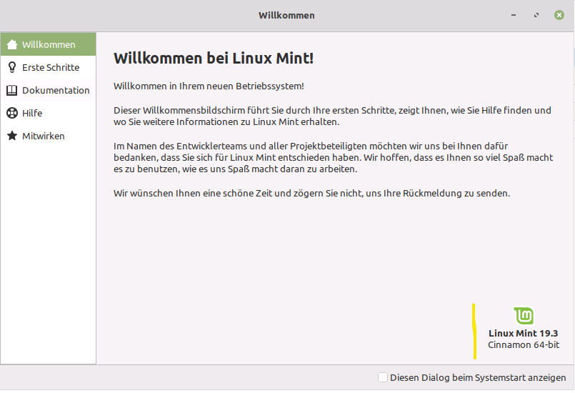 Linux Mint Willkommen 19.3 Tricia