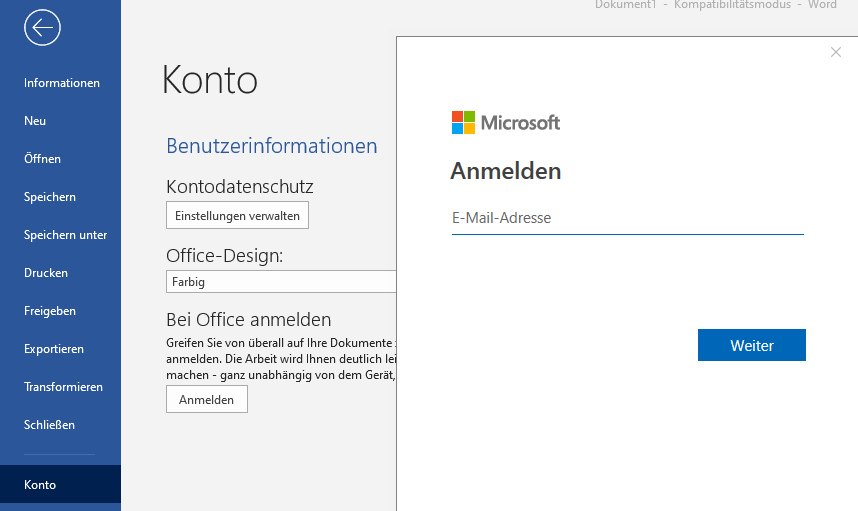 Office Online - Word O365 Anmeldung