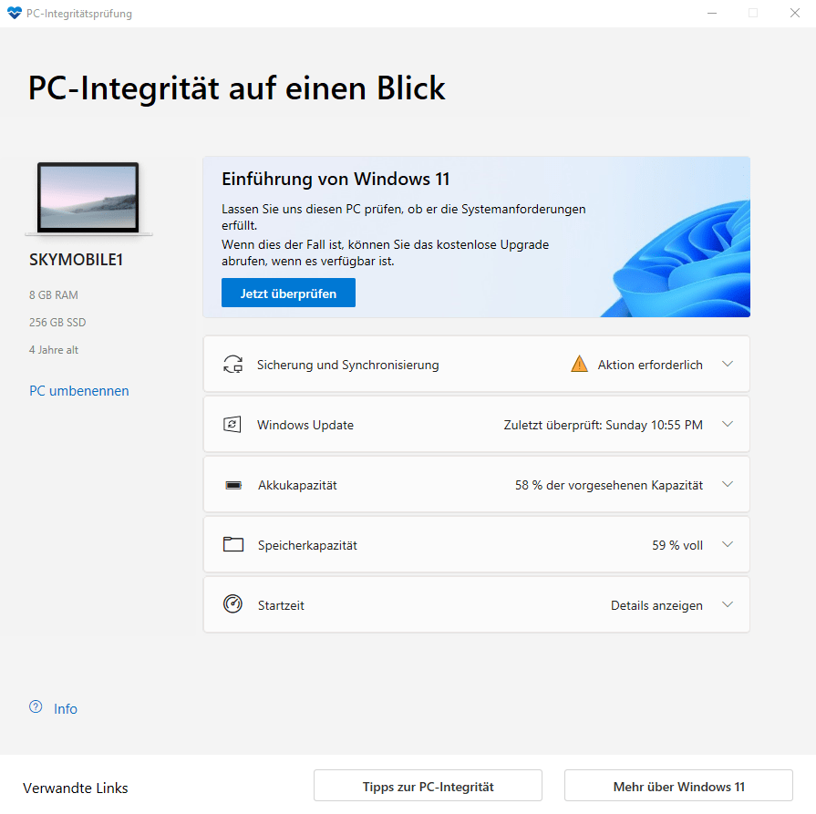 Windows 10 und Systemanforderungen für Windows 11 5 PC-Integritätsprüfung - Ergebnis