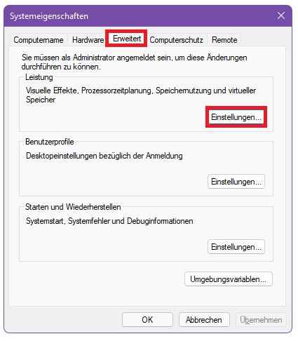 Windows11 Fensterschatten entfernen 4 Systemeigenschaften Leistung
