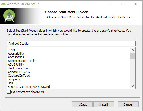 Android Studio Installation Start Menu