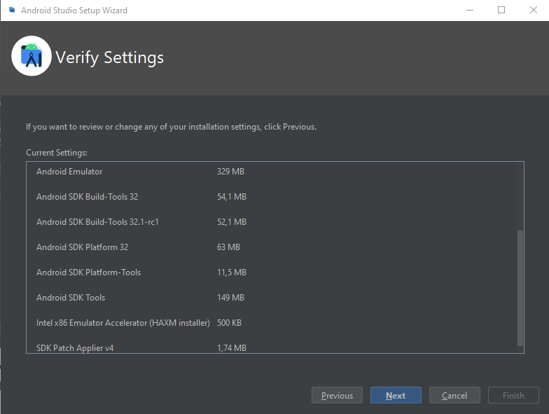 Android Studio Install Verify Settings