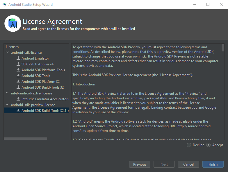 Android Studio Install License Agreement