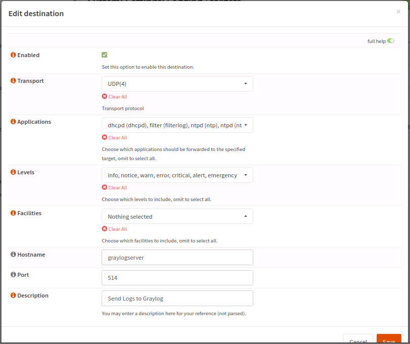 OPNsense Logging Target Settings