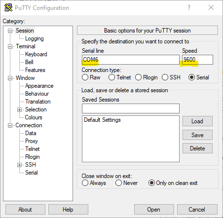 Putty Serial COM Connection