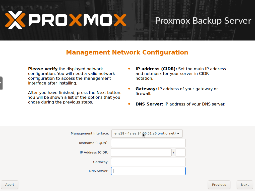 Proxmox Backup - Install Network