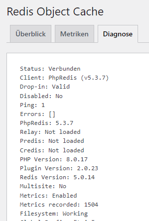 WordPress Redis Object Cache hinzufügen 6 Redis Object Cache Diagnose