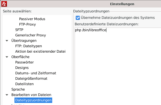 FileZilla - Dateizuordnung