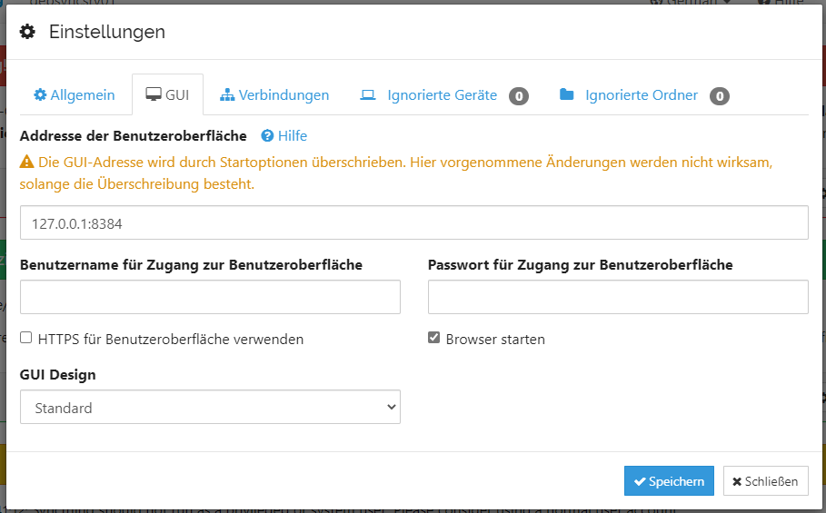 Syncthing WebUI Admin und Passwort