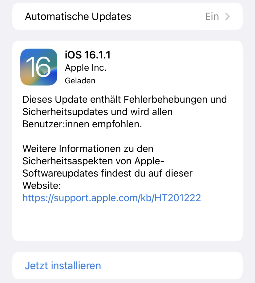 Apple iOS Update 16.1.1