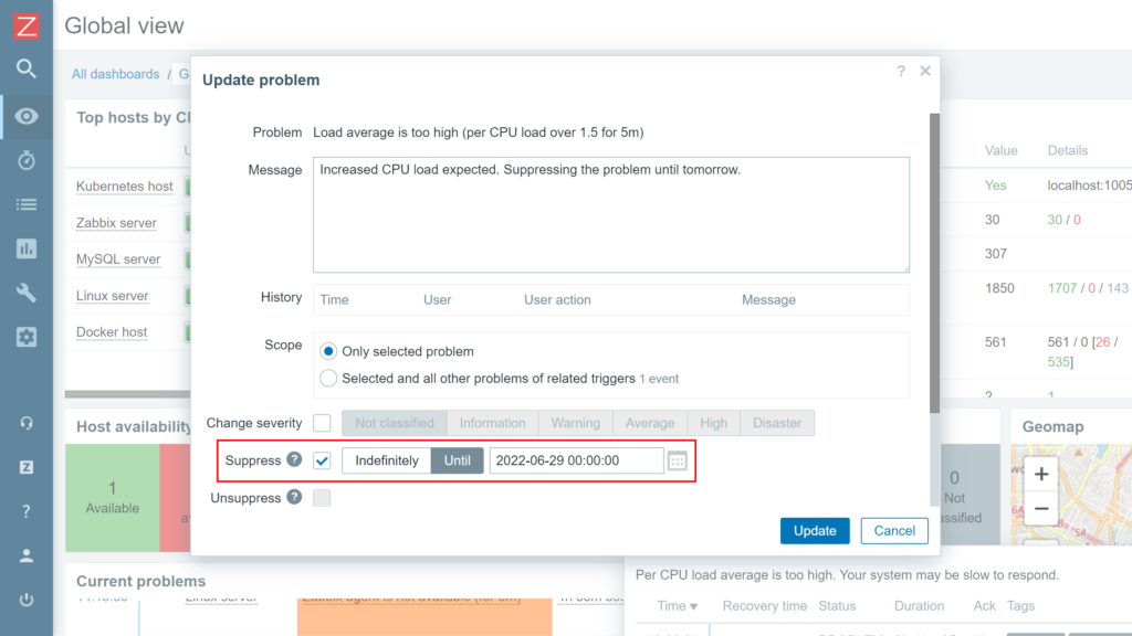 zabbix 6 2 problem suppress until