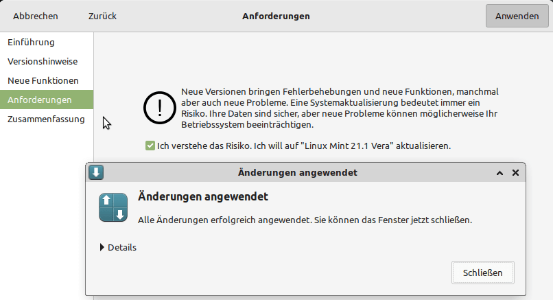 Linux Mint Upgrade angewandt