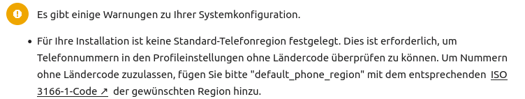 Nextcloud Konfiguration Standard Telefonregion festlegen 2 Nextcloud -Warnung - Telefonregion