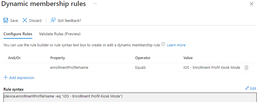 Microsoft Endpoint - Intune iOS Single App Kiosk Mode 3 Azure Security Group MDM KIOSK - Rule