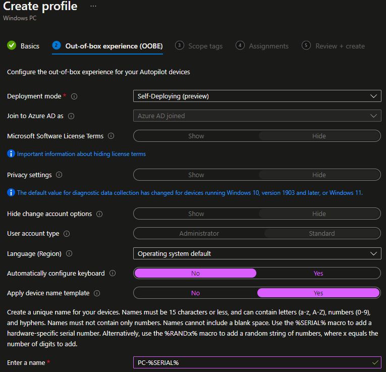 Microsoft Intune Deployment Profil erstellen 3 Self Deploying