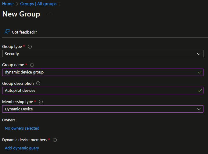 Microsoft Intune dynamic Autopilot device group erstellen 2 Create AAD Device Group
