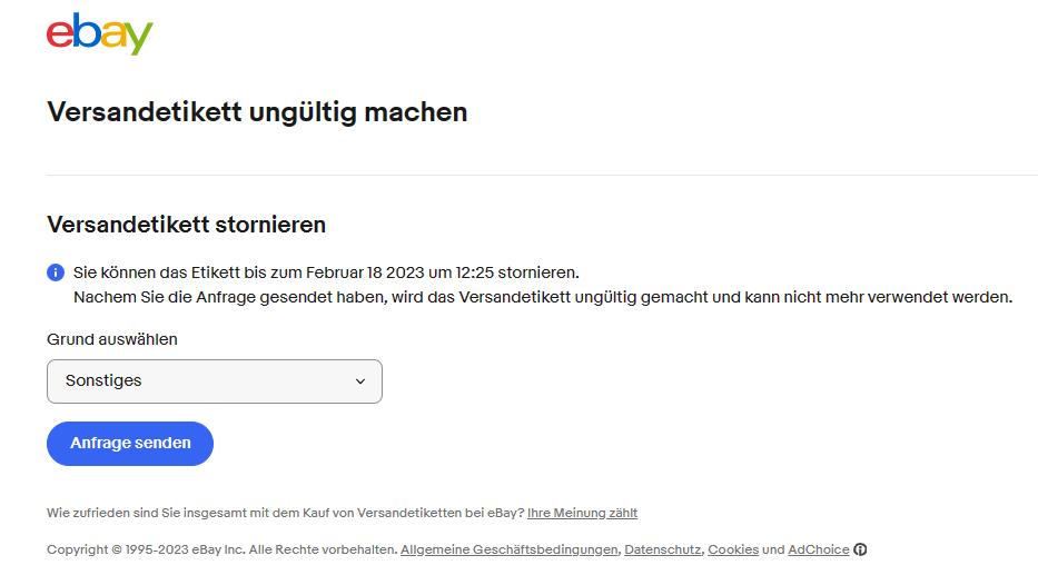 eBay Etikett stornieren Begründung