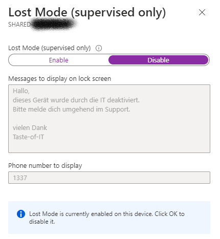 Intune Apple iOS Device Lost Mode deaktivieren