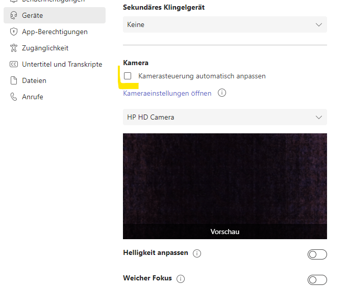 MS Teams Kamera auto Setting