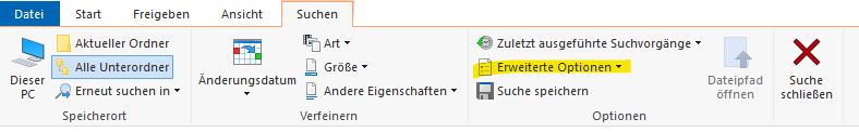 Windows 10 Explorer Suchoptionen