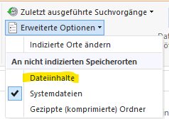 Windows 10 erweitere Suche nach Dateiinhalte