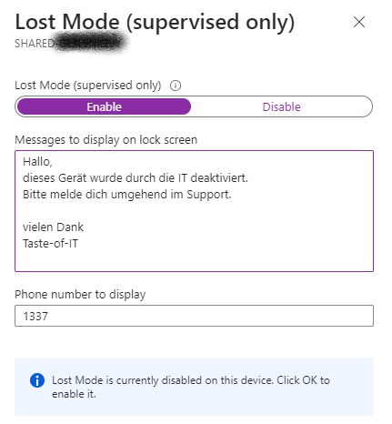 Intune iOS Lost Mode enable Text und TelefonNr.