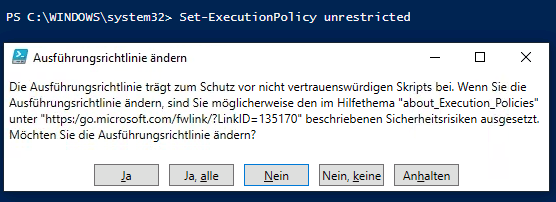 Powershell ExecutionPolicy Ausführen von Skripts aktivieren 2 Powershell Set-Execution Policy Warning