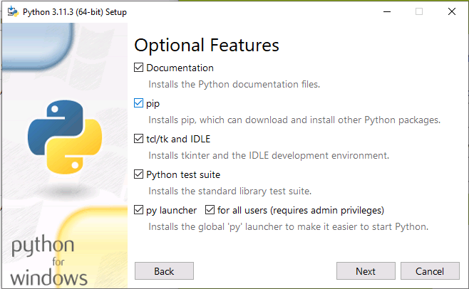 Phyton Installer Windows Optional Features