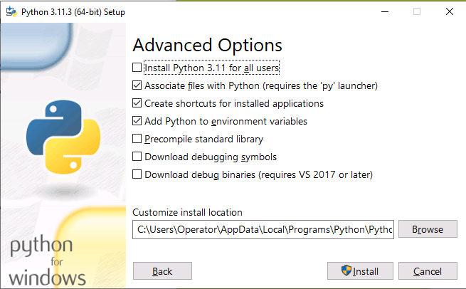 Phyton Installer Windows Advanced Options