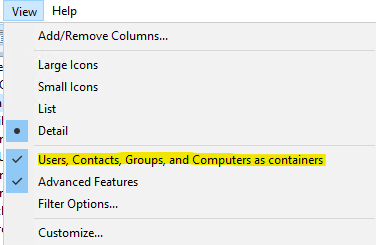 MMC Active Directory Benutzer- und Computer View Container