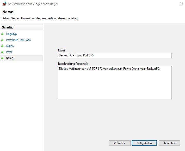 Windows 10 mittels Cygwin und RSyncd automatisch und zuverlässig mit BackupPC sichern 28 Windows Firewall Regel Port TCP 873