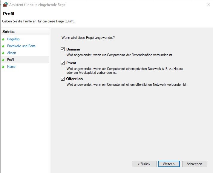 Windows Firewall Regel Port TCP 873 Profil