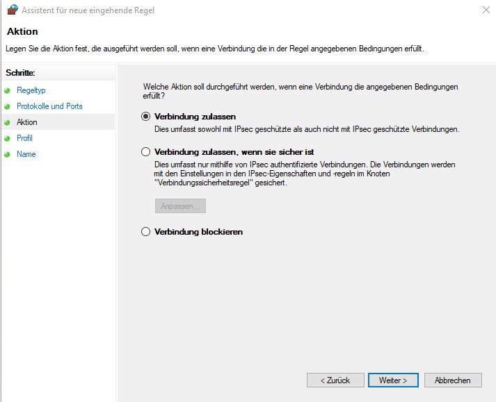 Windows 10 mittels Cygwin und RSyncd automatisch und zuverlässig mit BackupPC sichern 26 Windows Firewall Regel Port TCP 873 Allow