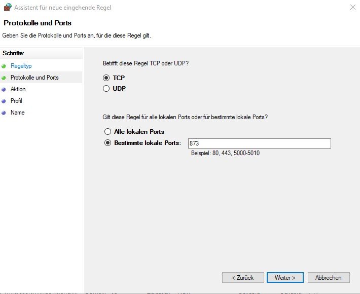 Windows 10 mittels Cygwin und RSyncd automatisch und zuverlässig mit BackupPC sichern 25 Windows Firewall Regel Port TCP 873