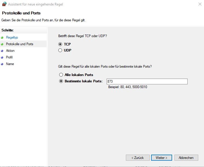 Windows Firewall Regel Port TCP 873
