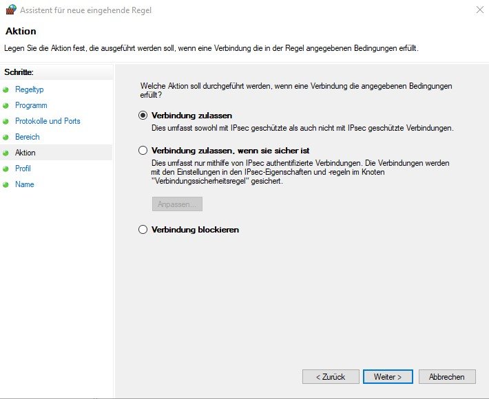 Windows 10 mittels Cygwin und RSyncd automatisch und zuverlässig mit BackupPC sichern 21 Windows Firewall Regel ICMPv4 Aktion