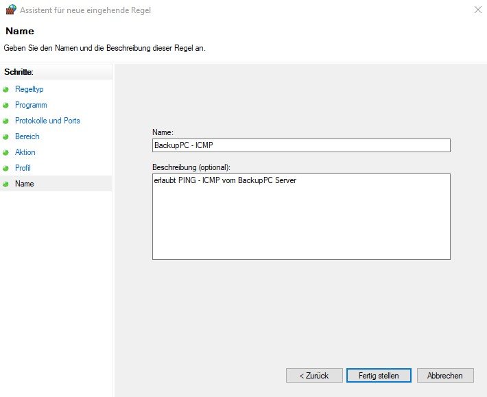 Windows 10 mittels Cygwin und RSyncd automatisch und zuverlässig mit BackupPC sichern 23 Windows Firewall Regel ICMPv4 Name