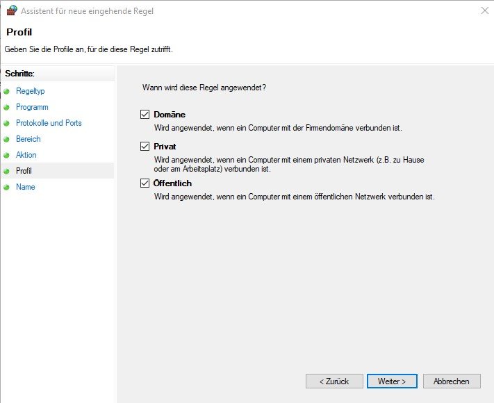 Windows 10 mittels Cygwin und RSyncd automatisch und zuverlässig mit BackupPC sichern 22 Windows Firewall Regel ICMPv4 Profil