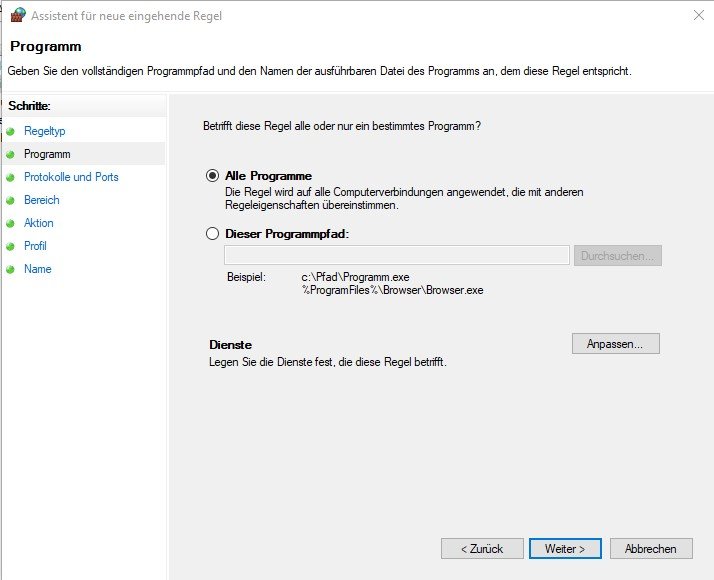 Windows 10 mittels Cygwin und RSyncd automatisch und zuverlässig mit BackupPC sichern 18 Windows Firewall Regel ICMPv4 Programme